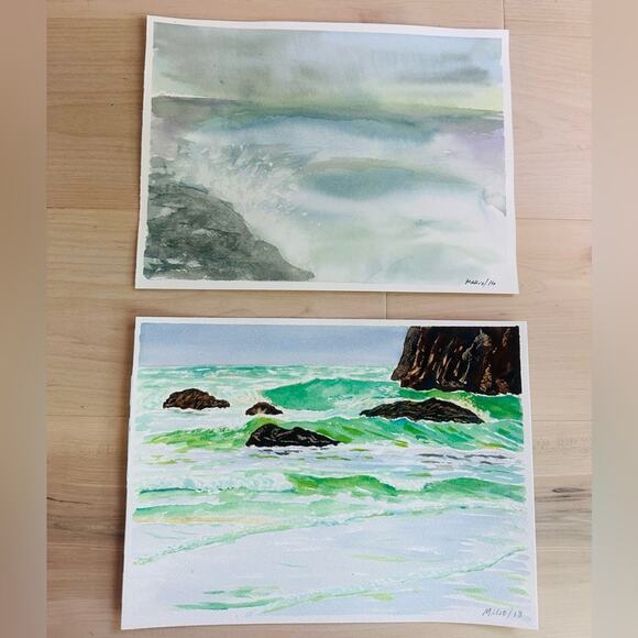 Artist Rending Watercolor Beach Scene Coastal Signed Art Set of 2 Wall Art Beach - Picture 5 of 6